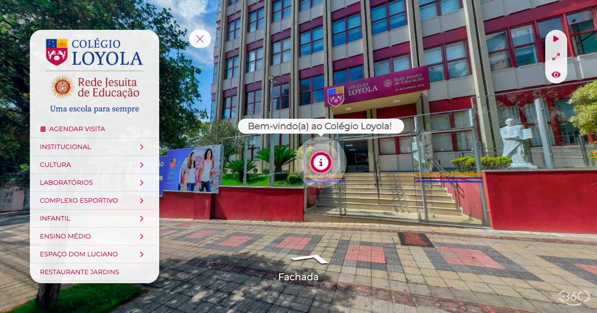 Tour virtual do Colégio Loyola com fachada e menu de ambientes